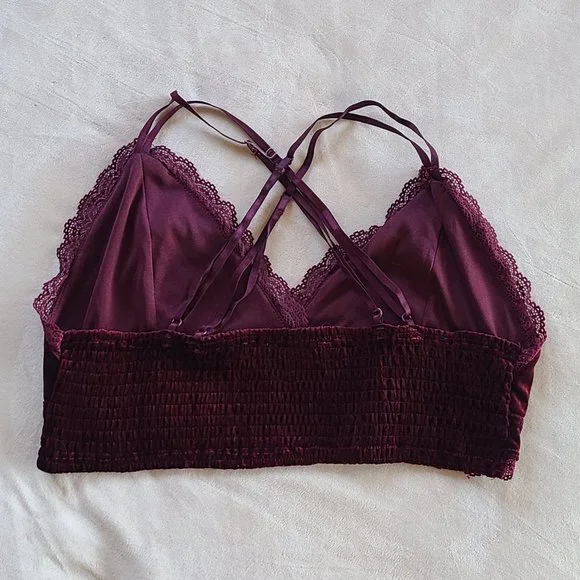 Deep Maroon Velvet/Lace Bralette w/ Criss-Cross Straps | Size L - Picture 3 of 6